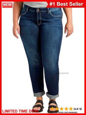 Plus Size Boyfriend Mid Rise Slim Leg Jeans 5-Pocket Cotton Blend